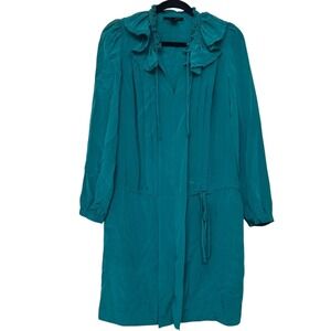 Pink Tartan Teal 100% Silk Ruffle Neck Dress Womens XS Belted‎ Boho Cottagecore
